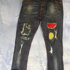 Distressed black denim jeans with‎ red stitching men size 38